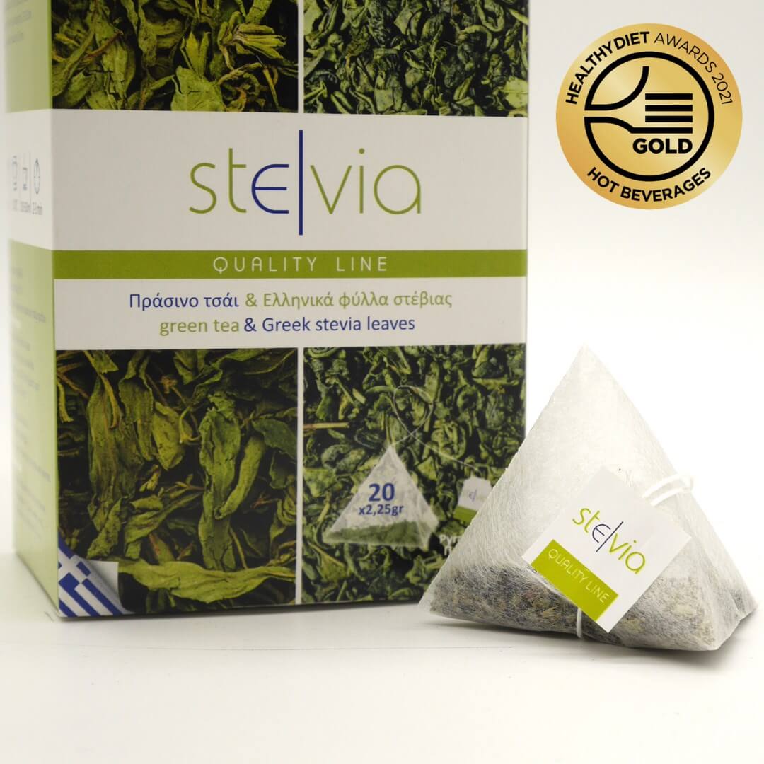 Green tea & Greek stevia leaves in a pyramid