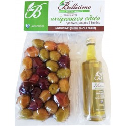 Μικτές ελιές (πράσινες, μαύρες, ξανθές) με μπουκάλι ελαιόλαδο