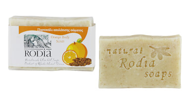Olive oil body scrub soap with Orange flavoring and grated olive pits.