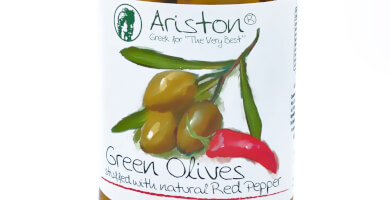 ARISTON GREEN OLIVES STUFFED WITH RED PEPPERS